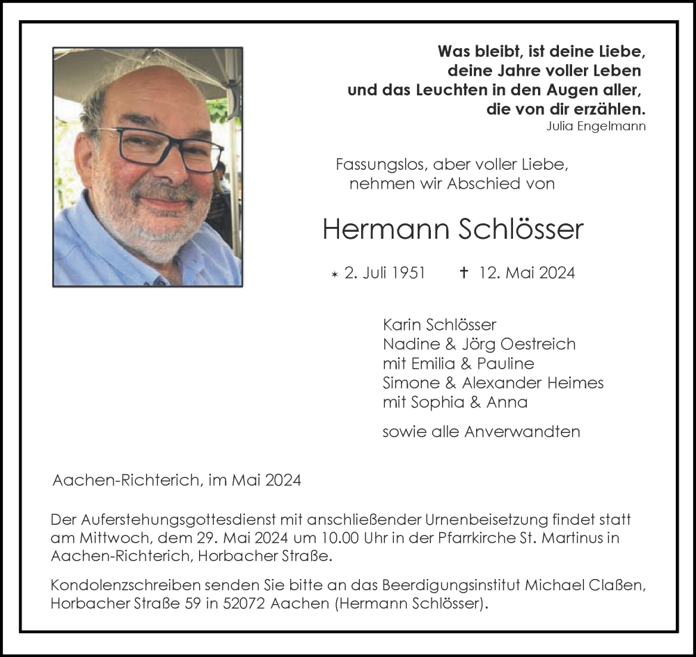  Traueranzeige für Hermann Schlösser vom 25.05.2024 aus Aachener Zeitung