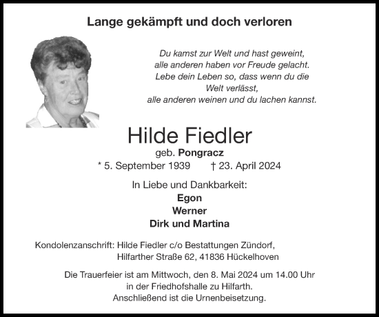 Traueranzeige von Hilde Fiedler von Zeitung am Sonntag