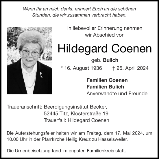 Traueranzeige von Hildegard Coenen von Zeitung am Sonntag