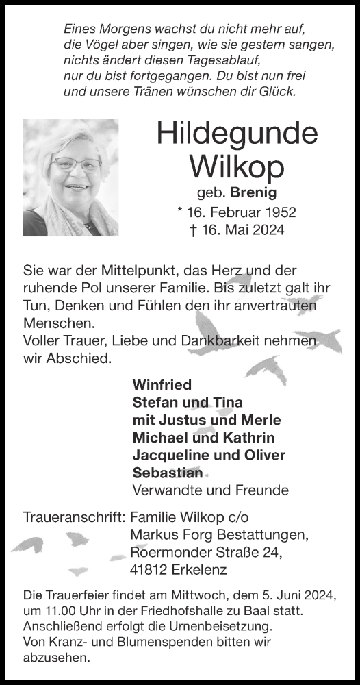 Traueranzeige von Hildegunde Wilkop von Zeitung am Sonntag