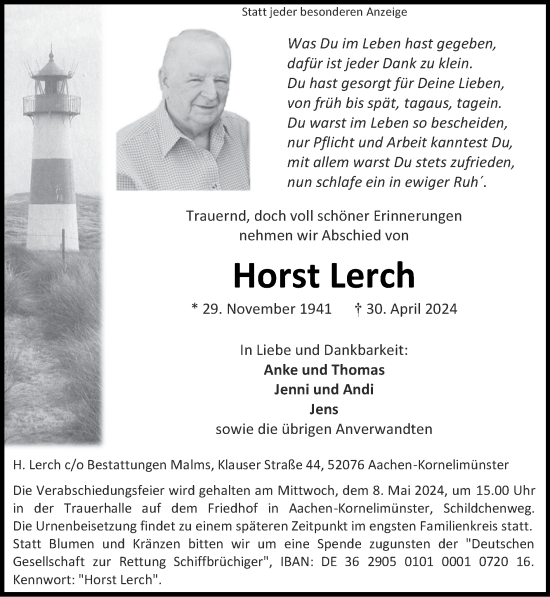 Traueranzeige von Horst Lerch von Zeitung am Sonntag