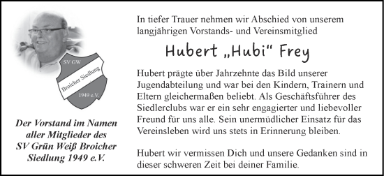 Traueranzeige von Hubert Frey von Zeitung am Sonntag