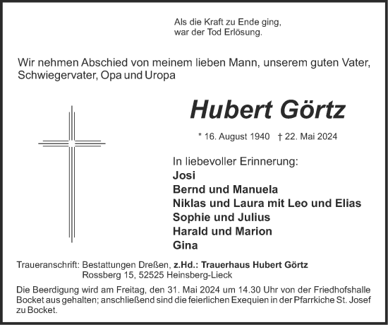 Traueranzeige von Hubert Görtz von Zeitung am Sonntag