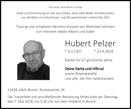 Traueranzeige von Hubert Pelzer von Zeitung am Sonntag
