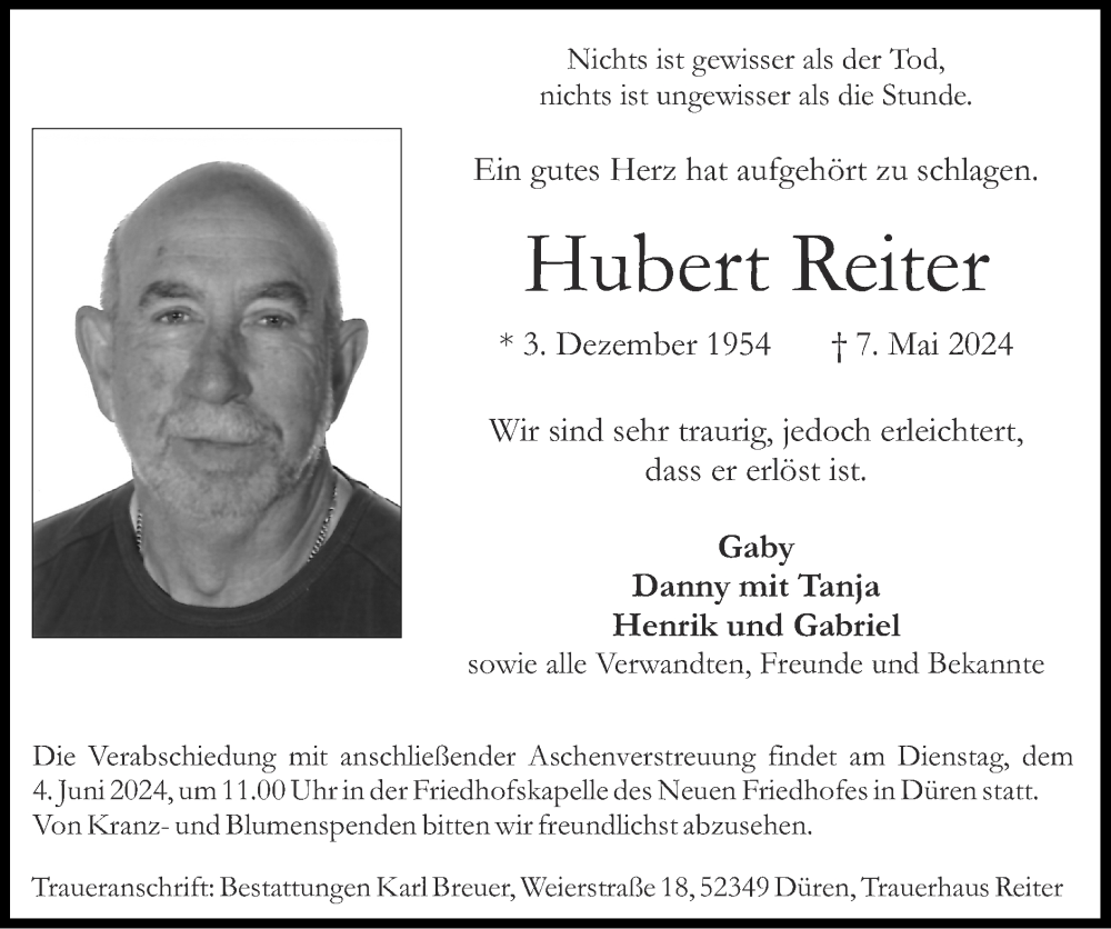  Traueranzeige für Hubert Reiter vom 26.05.2024 aus Zeitung am Sonntag