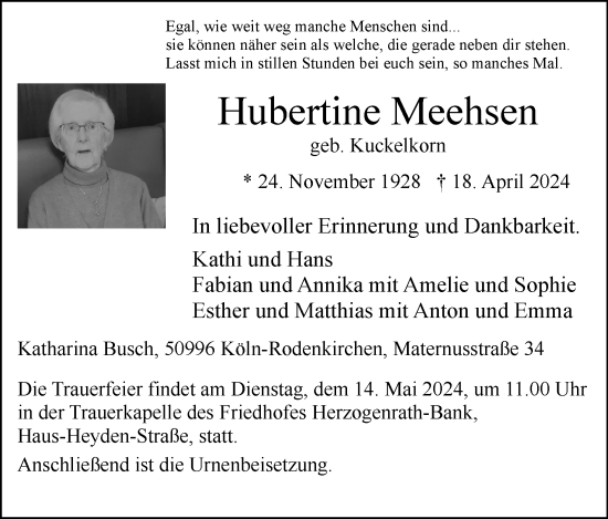 Traueranzeige von Hubertine Meehsen von Zeitung am Sonntag