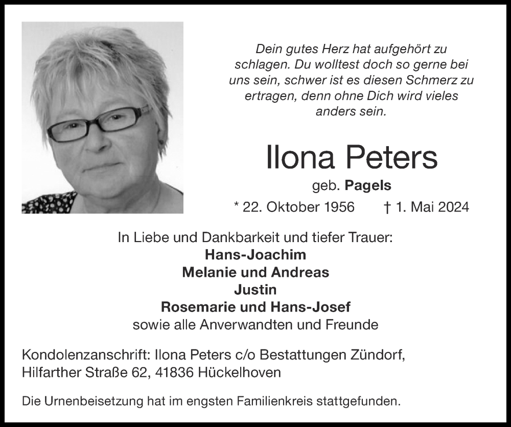  Traueranzeige für Ilona Peters vom 26.05.2024 aus Zeitung am Sonntag