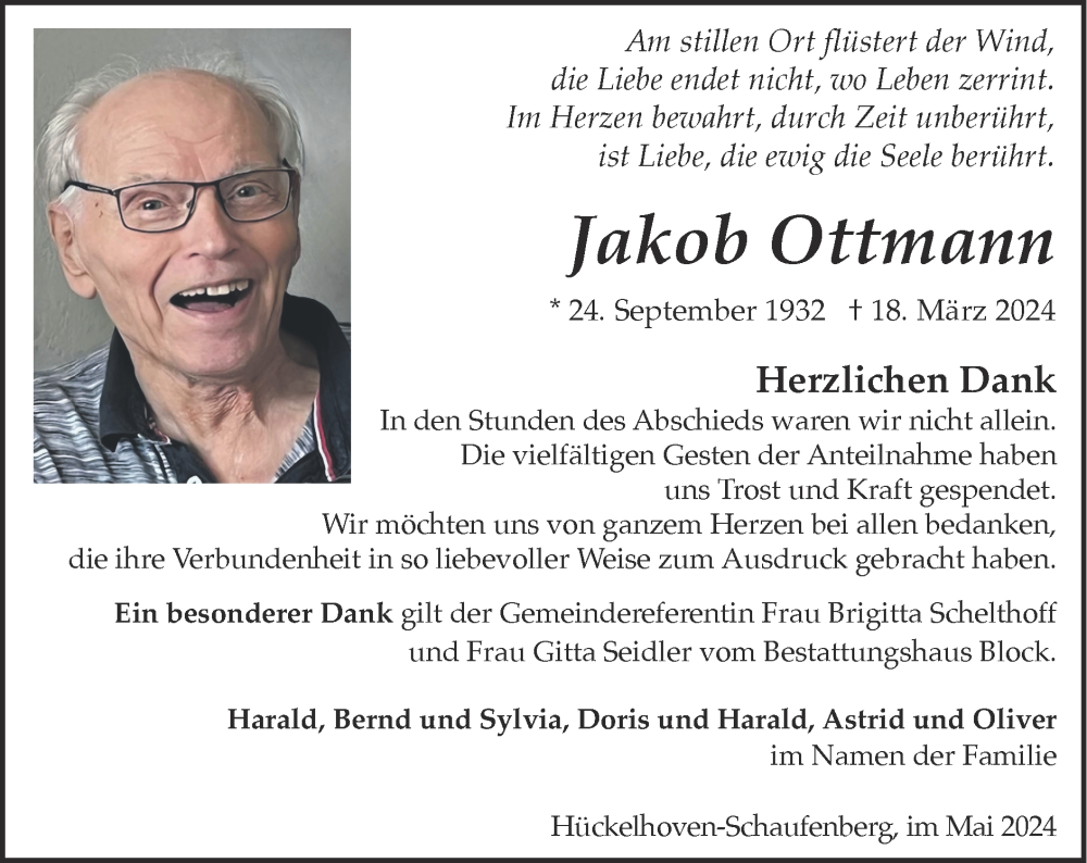  Traueranzeige für Jakob Ottmann vom 05.05.2024 aus Zeitung am Sonntag