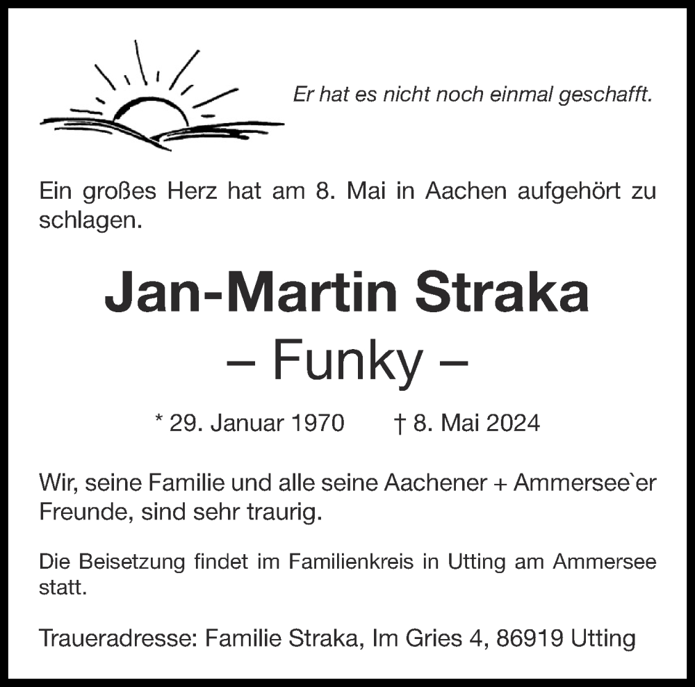  Traueranzeige für Jan-Martin Straka vom 11.05.2024 aus Aachener Zeitung