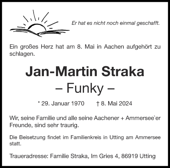 Traueranzeige von Jan-Martin Straka von Aachener Zeitung