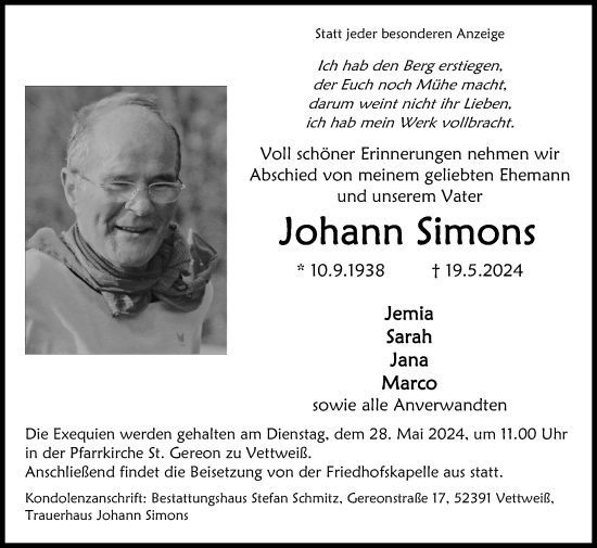 Traueranzeige von Johann Simons von Zeitung am Sonntag