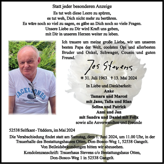 Traueranzeige von Jos Stevens von Zeitung am Sonntag