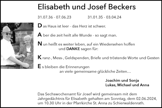 Traueranzeige von Josef Beckers von Zeitung am Sonntag