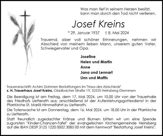 Traueranzeige von Josef Kreins von Zeitung am Sonntag