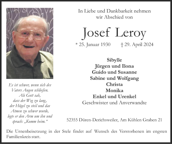 Traueranzeige von Josef Leroy von Zeitung am Sonntag