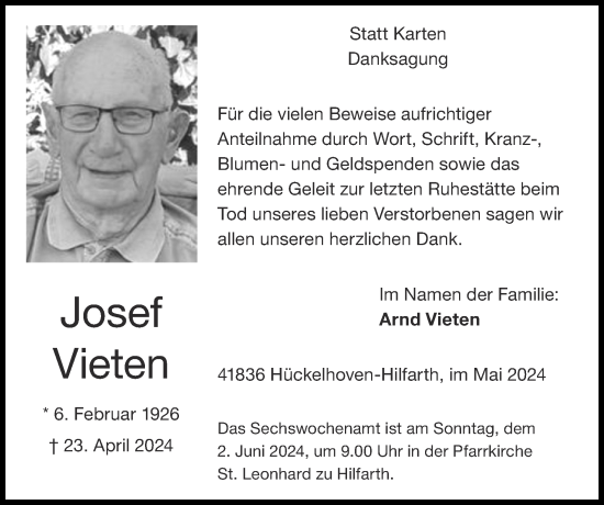 Traueranzeige von Josef Vieten von Zeitung am Sonntag