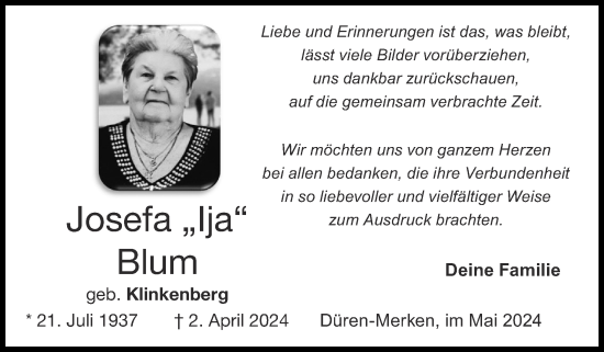 Traueranzeige von Josefa Blum von Zeitung am Sonntag