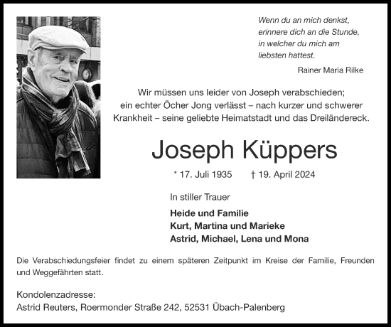 Traueranzeige von Joseph Köppers von Zeitung am Sonntag