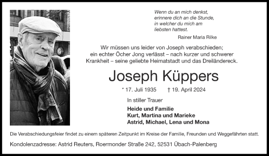 Traueranzeige von Joseph Köppers von Aachener Zeitung