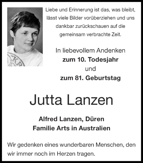 Traueranzeige von Jutta Lanzen von Zeitung am Sonntag