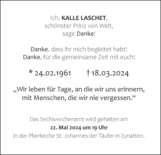 Traueranzeige von Kalle Laschet von Zeitung am Sonntag