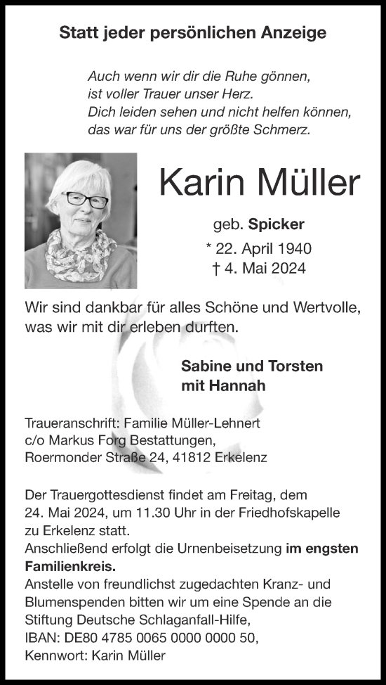 Traueranzeige von Karin Müller von Zeitung am Sonntag