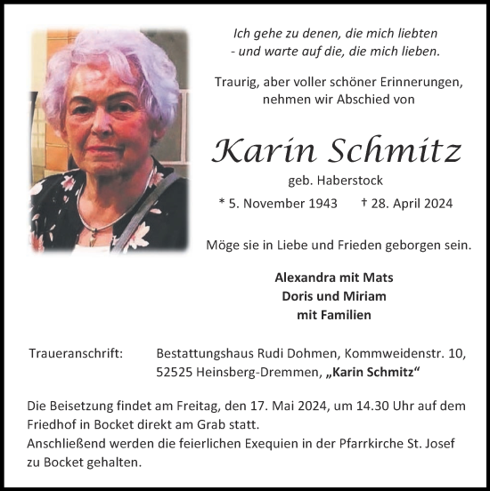 Traueranzeige von Karin Schmitz von Zeitung am Sonntag