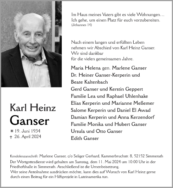 Traueranzeige von Karl Heinz Ganser von Zeitung am Sonntag