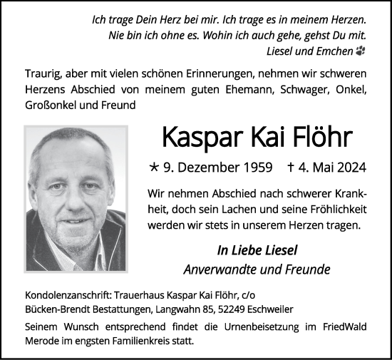 Traueranzeige von Kaspar Kai Flöhr von Zeitung am Sonntag
