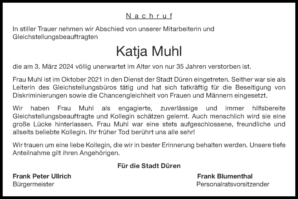  Traueranzeige für Katja Muhl vom 05.05.2024 aus Zeitung am Sonntag