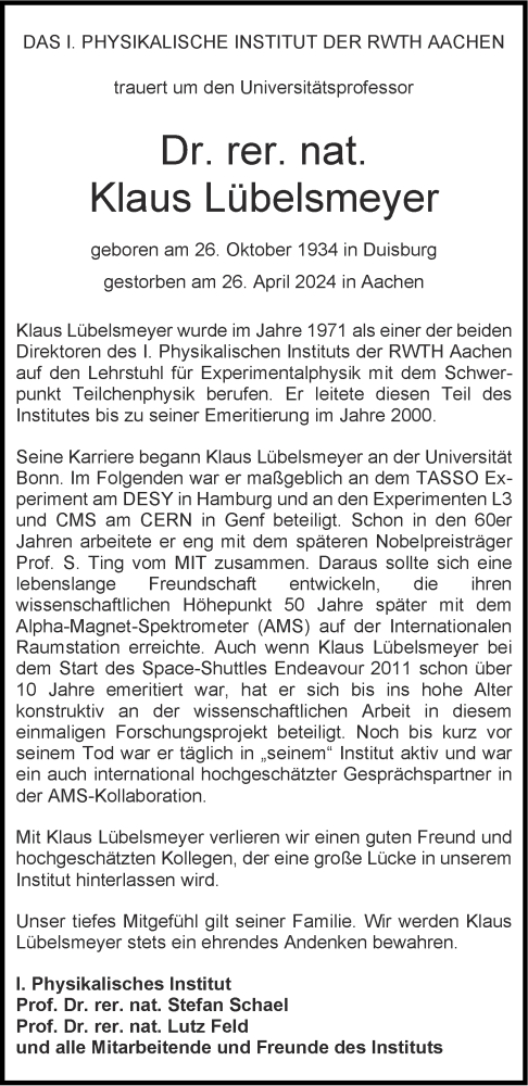 Traueranzeige von Klaus Lübelsmeyer von Aachener Zeitung