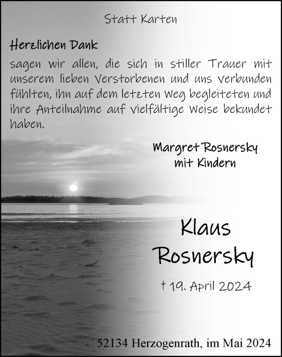 Traueranzeige von Klaus Rosnersky von Zeitung am Sonntag
