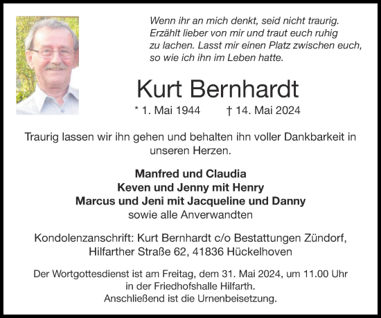 Traueranzeige von Kurt Bernhardt von Zeitung am Sonntag