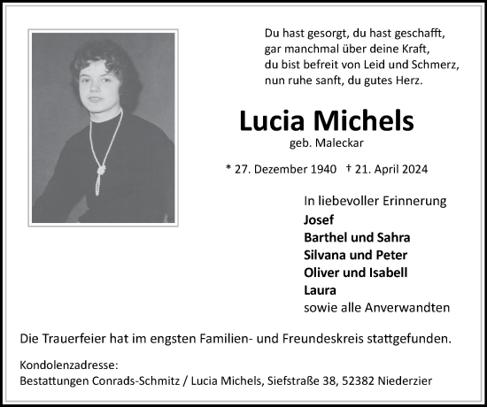 Traueranzeige von Lucia Michels von Zeitung am Sonntag