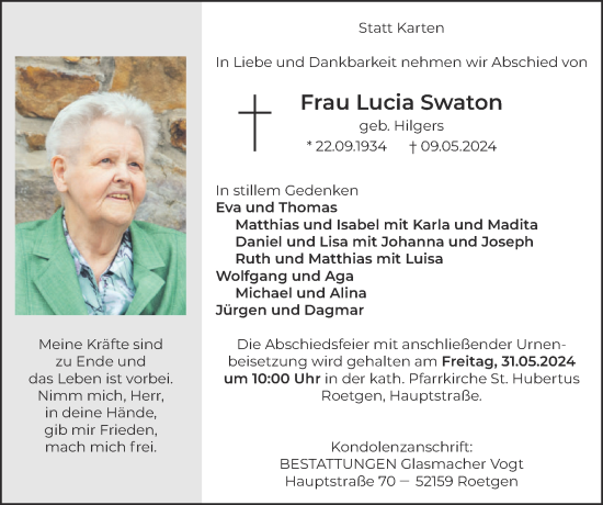 Traueranzeige von Lucia Swaton von Zeitung am Sonntag