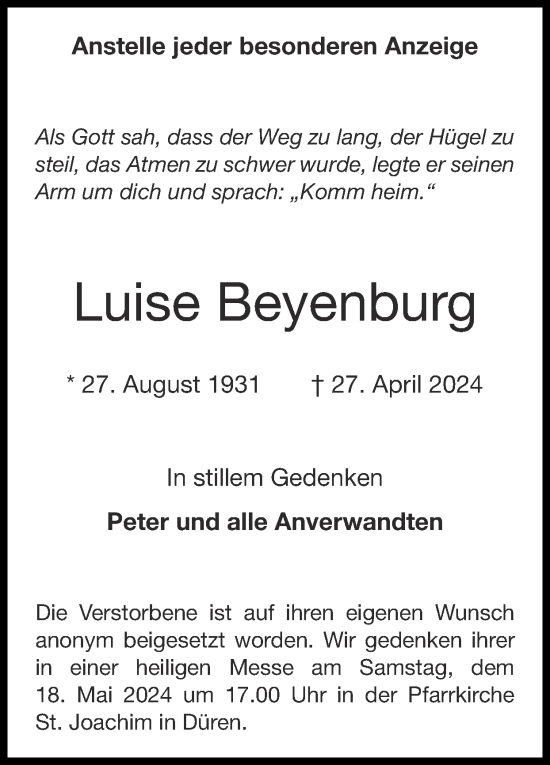 Traueranzeige von Luise Beyenburg von Zeitung am Sonntag