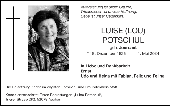 Traueranzeige von Luise Potschul von Zeitung am Sonntag