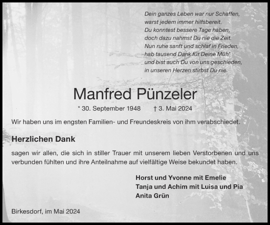 Traueranzeige von Manfred Pünzeler von Zeitung am Sonntag