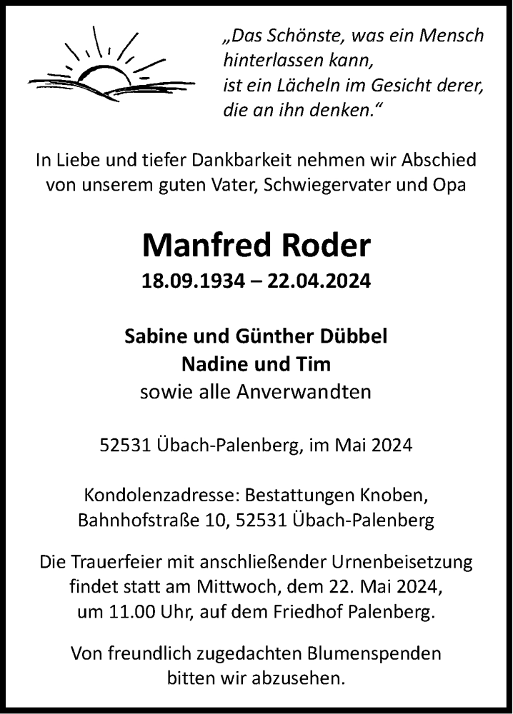  Traueranzeige für Manfred Roder vom 12.05.2024 aus Zeitung am Sonntag