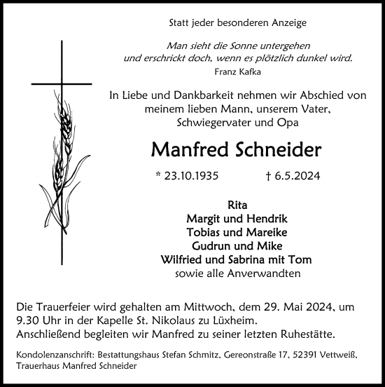 Traueranzeige von Manfred Schneider von Zeitung am Sonntag