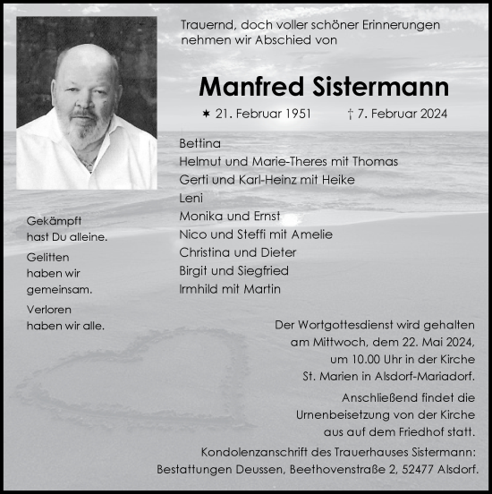 Traueranzeige von Manfred Sistermann von Zeitung am Sonntag