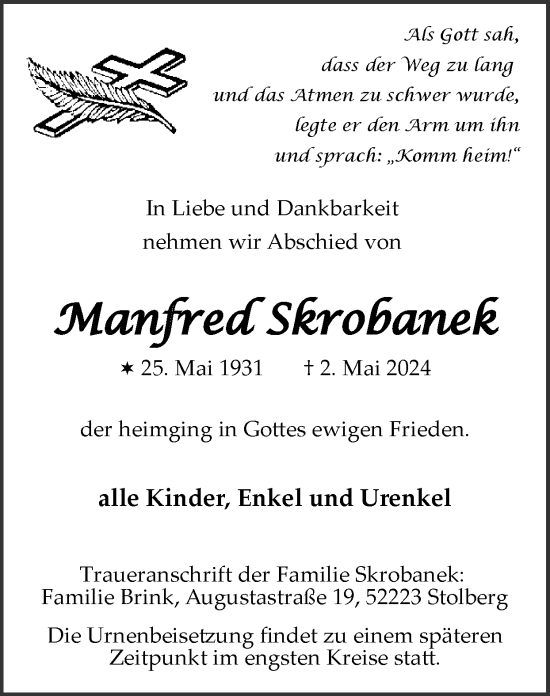 Traueranzeige von Manfred Skrobanek von Zeitung am Sonntag