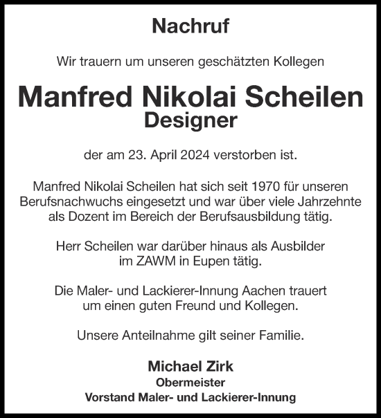 Traueranzeige von Manfred Nikolai Scheilen von Aachener Zeitung