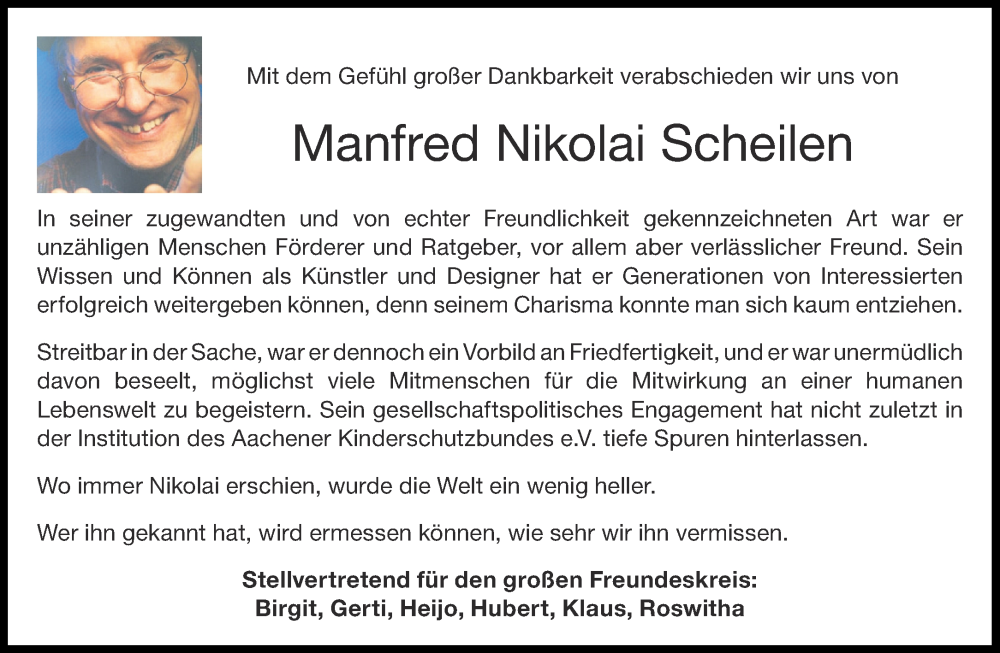  Traueranzeige für Manfred Nikolai Scheilen vom 11.05.2024 aus Aachener Zeitung