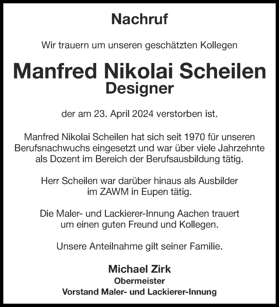  Traueranzeige für Manfred Nikolai Scheilen vom 11.05.2024 aus Aachener Zeitung