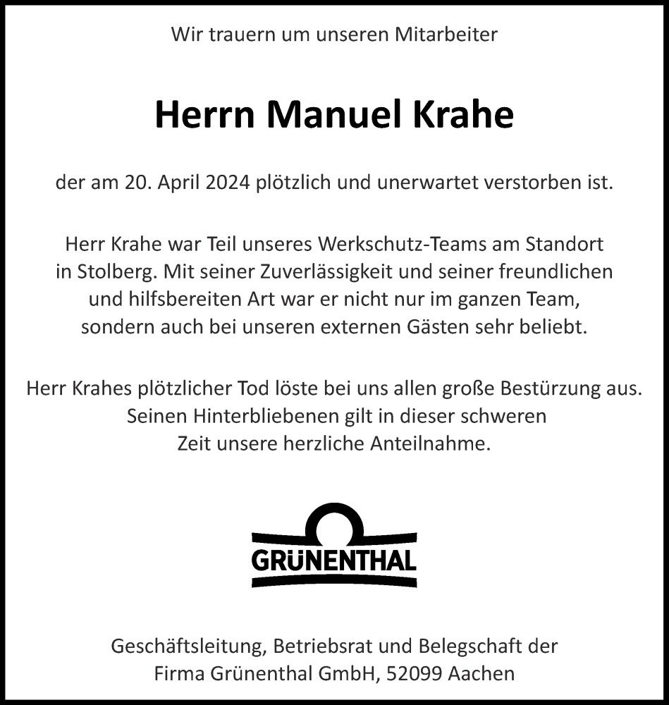  Traueranzeige für Manuel Krahe vom 04.05.2024 aus Aachener Zeitung