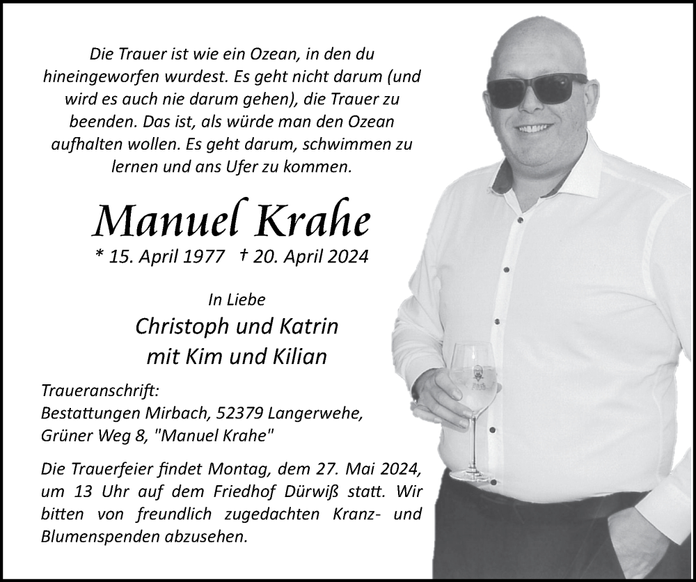  Traueranzeige für Manuel Krahe vom 19.05.2024 aus Zeitung am Sonntag
