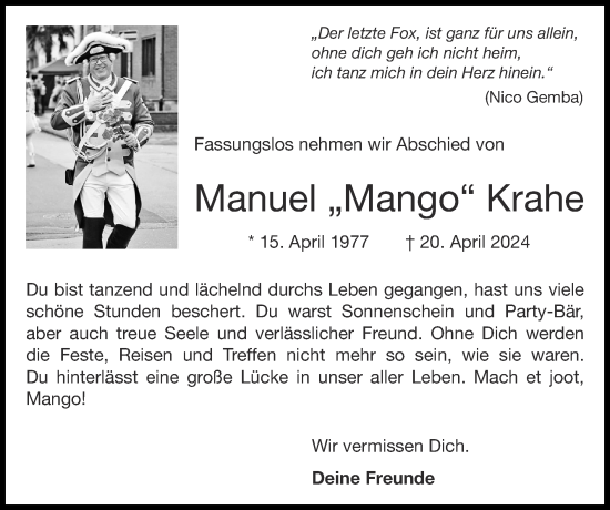 Traueranzeige von Manuel Krahe von Zeitung am Sonntag