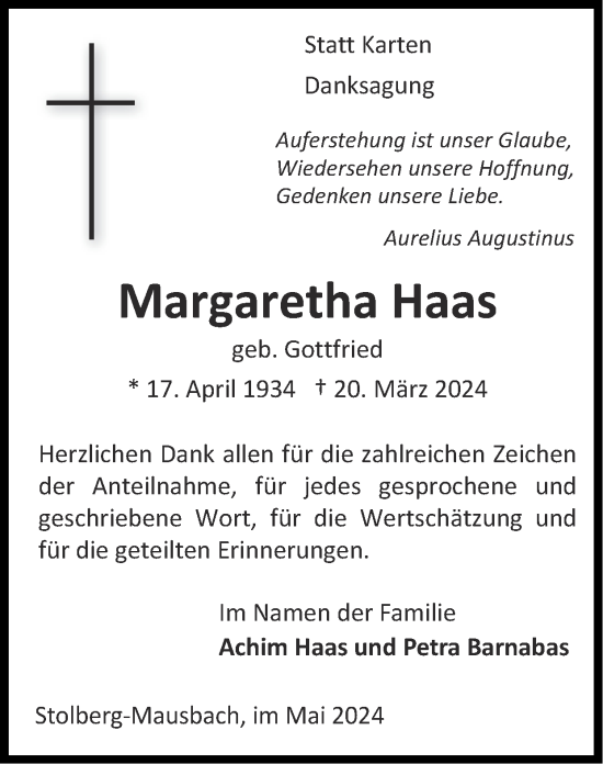 Traueranzeige von Margaretha Haas von Zeitung am Sonntag