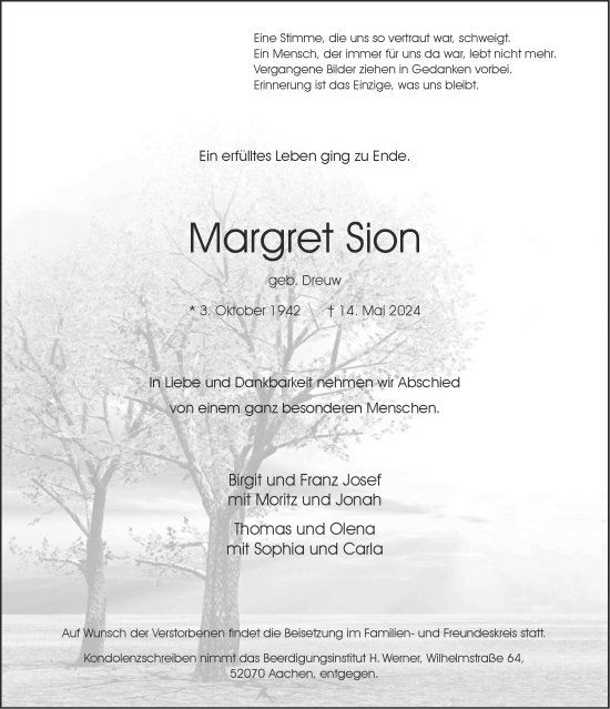 Traueranzeige von Margret Sion von Aachener Zeitung